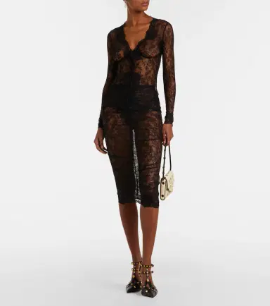 Valentino Floral ruched sheer lace midi skirt | Thumbnail 4