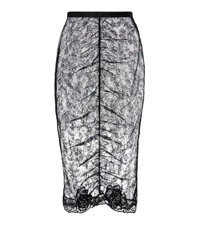 Floral ruched sheer lace midi skirt