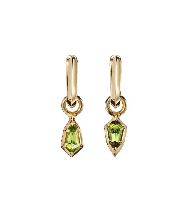 Stone and Strand Knife Edge Shield 14kt gold hoop earrings with green tourmaline