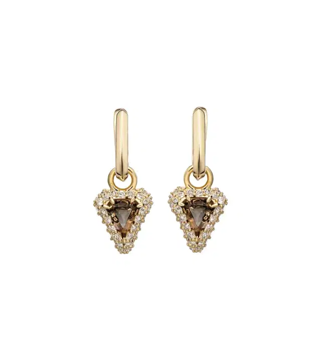 Stone and Strand Power 14kt gold huggie earrings with diamonds and garnet