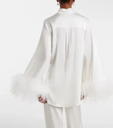 Oséree Oséree Bridal feather-trimmed satin shirt | Thumbnail 2