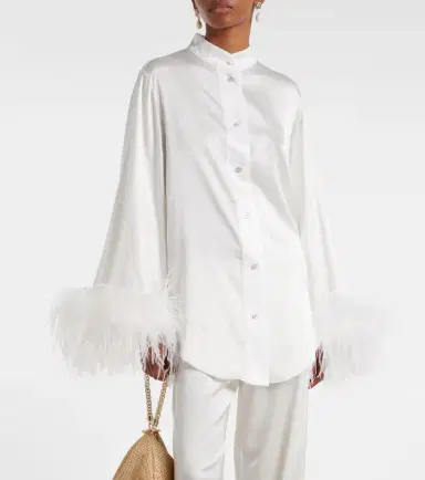Oséree Oséree Bridal feather-trimmed satin shirt | Thumbnail 4