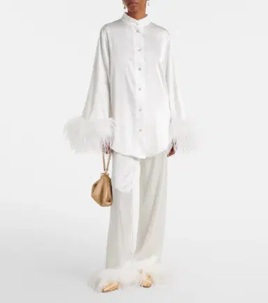 Oséree Oséree Bridal feather-trimmed satin shirt | Thumbnail 6