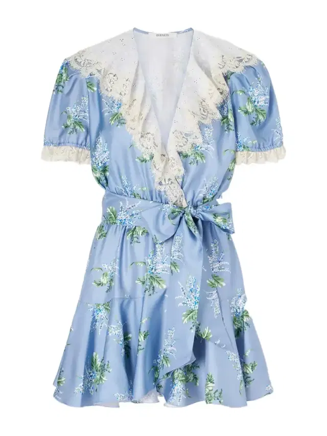Ruffled Lace-trimmed Floral-print Silk-twill Mini Dress