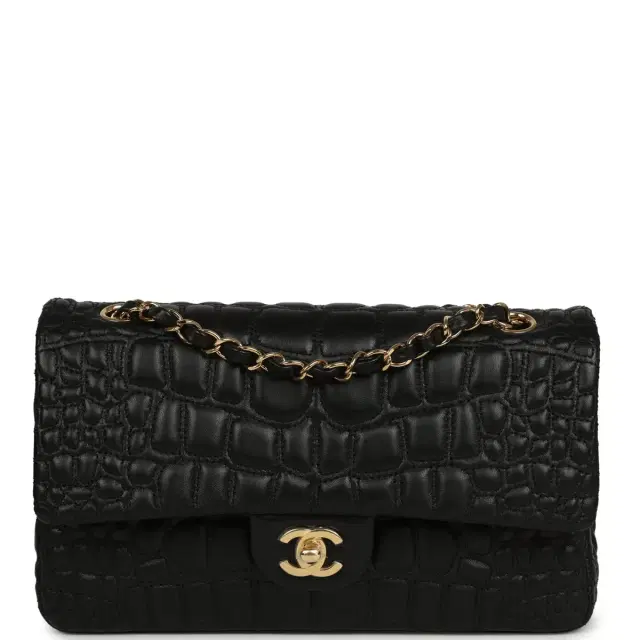 Chanel Medium Classic Croc Embossed Double Flap Bag Black Lambskin Gold Hardware