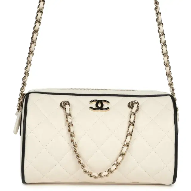Chanel Mini Timeless Classic Barrel Bag with Chain White and Black Lambskin Light Gold Hardware Chanel Mini Timeless Classic Barrel Bag with Chain White and Black Lambskin Light Gold Hardware