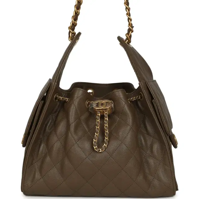 Chanel Small 25 Hobo Bag Dark Khaki Caviar Antique Gold Hardware