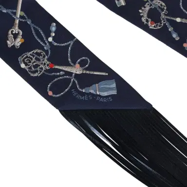HERMÈS Hermes "Les Cles a Pois" Bleu Marine, Gris Argent and Multicolore Fringe Silk Twilly | Thumbnail 3 HERMÈS Hermes "Les Cles a Pois" Bleu Marine, Gris Argent and Multicolore Fringe Silk Twilly | Thumbnail 3
