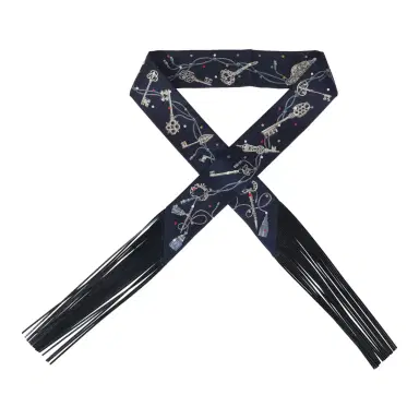 HERMÈS Hermes "Les Cles a Pois" Bleu Marine, Gris Argent and Multicolore Fringe Silk Twilly | Thumbnail 1 HERMÈS Hermes "Les Cles a Pois" Bleu Marine, Gris Argent and Multicolore Fringe Silk Twilly | Thumbnail 1