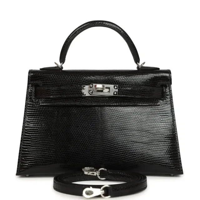 hermes Hermes Kelly Sellier 20 Black Shiny Lizard Palladium Hardware