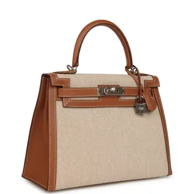 HERMÈS Hermes Kelly Sellier 25 Gold Swift and Ecru Beige Toile H Canvas Palladium Hardware | Thumbnail 2