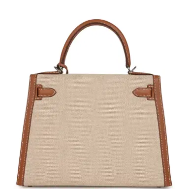 HERMÈS Hermes Kelly Sellier 25 Gold Swift and Ecru Beige Toile H Canvas Palladium Hardware | Thumbnail 4