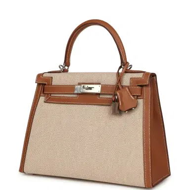 HERMÈS Hermes Kelly Sellier 25 Gold Swift and Ecru Beige Toile H Canvas Palladium Hardware | Thumbnail 5
