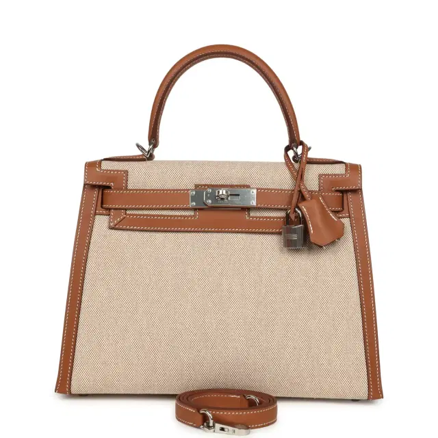 hermes Hermes Kelly Sellier 25 Gold Swift and Ecru Beige Toile H Canvas Palladium Hardware