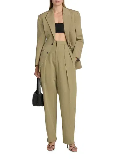 Bottega Veneta Women's Tapered Wool-Linen Blend Trousers - Green Lavamel | Thumbnail 2
