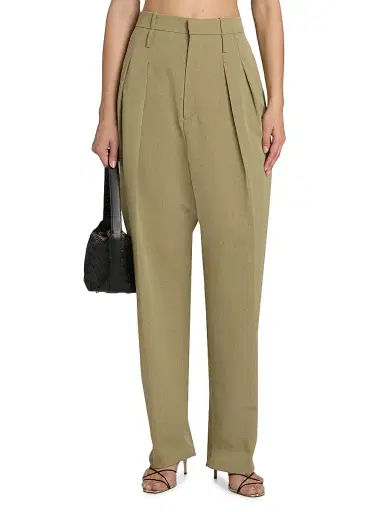 Bottega Veneta Women's Tapered Wool-Linen Blend Trousers - Green Lavamel | Thumbnail 3