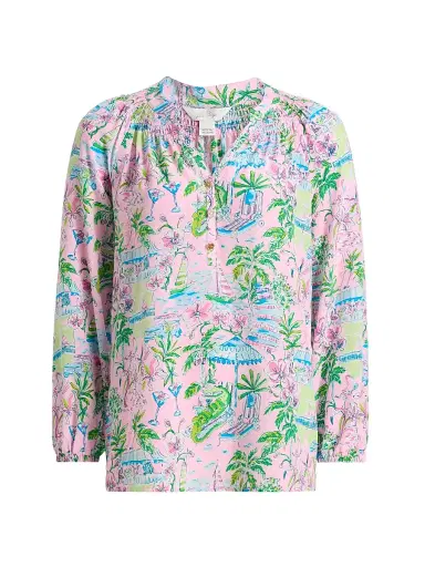 Lilly Pulitzer Women's Elsa Silk Top - Conch Shell Pink Sunny Dee - Size Large | Thumbnail 1 Lilly Pulitzer Women's Elsa Silk Top - Conch Shell Pink Sunny Dee - Size Large | Thumbnail 1
