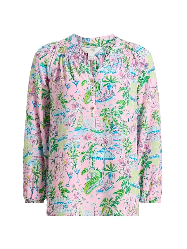 Lilly Pulitzer Women's Elsa Silk Top - Conch Shell Pink Sunny Dee