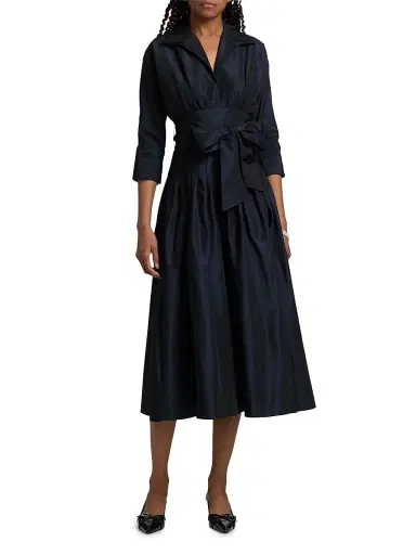 Teri Jon by Rickie Freeman Women's Taffeta Cocktail Midi-Shirtdress - Navy - Size 14 | Thumbnail 3 Teri Jon by Rickie Freeman Women's Taffeta Cocktail Midi-Shirtdress - Navy - Size 14 | Thumbnail 3