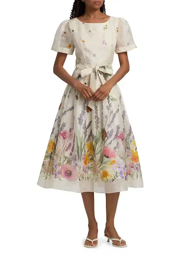 Teri Jon by Rickie Freeman Women's Floral-Print Linen-Silk Midi-Dress | Thumbnail 2 Teri Jon by Rickie Freeman Women's Floral-Print Linen-Silk Midi-Dress | Thumbnail 2