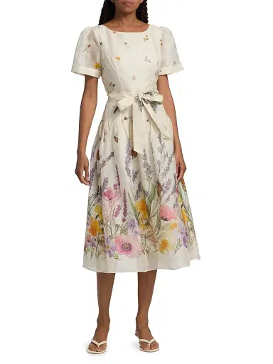 Teri Jon by Rickie Freeman Women's Floral-Print Linen-Silk Midi-Dress | Thumbnail 3 Teri Jon by Rickie Freeman Women's Floral-Print Linen-Silk Midi-Dress | Thumbnail 3