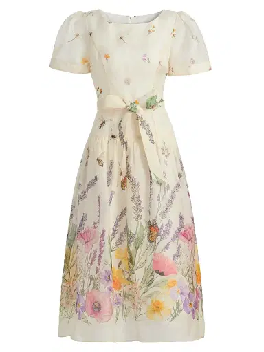 Teri Jon by Rickie Freeman Women's Floral-Print Linen-Silk Midi-Dress | Thumbnail 1 Teri Jon by Rickie Freeman Women's Floral-Print Linen-Silk Midi-Dress | Thumbnail 1