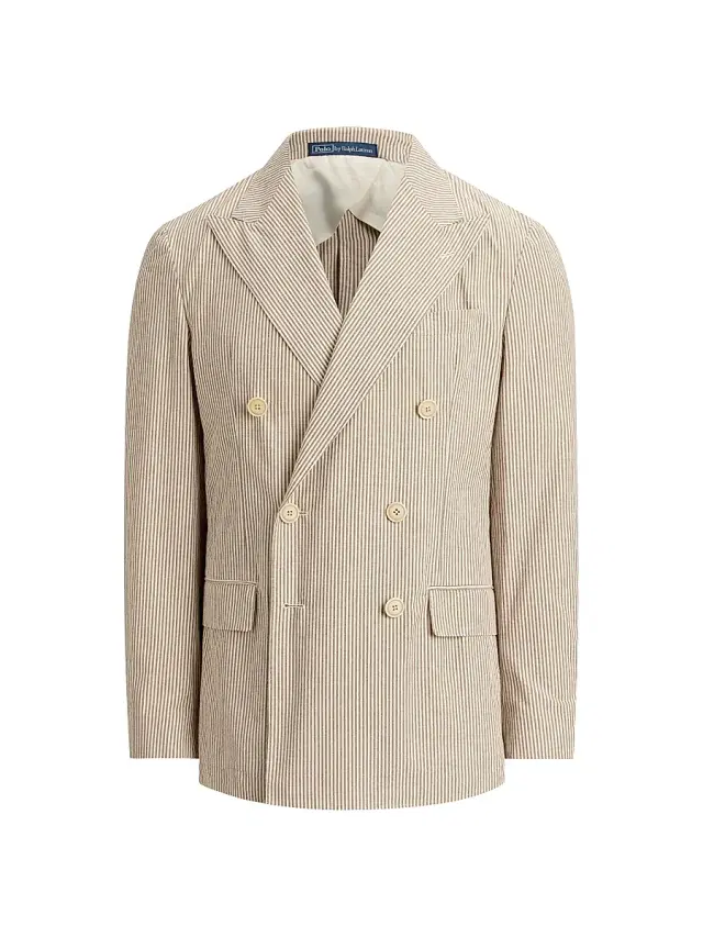 Polo Ralph Lauren Men's Striped Seersucker Double-Breasted Blazer - Light Brown Vintage Cream