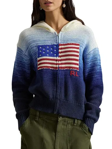 Polo Ralph Lauren Women's Flag Ombré Knit Cotton Full-Zip Hoodie - White Royal Blue | Thumbnail 3