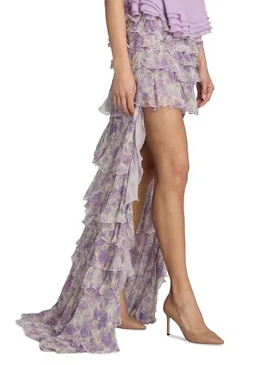 Ronny Kobo Women's Laya Printed Ruffled Chiffon High-Low Skirt - Purple Multi | Thumbnail 4