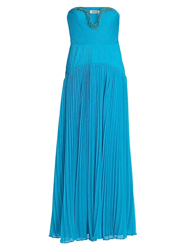 AMUR Women's Fiora Beaded Pleated Strapless Maxi Dress - Azura