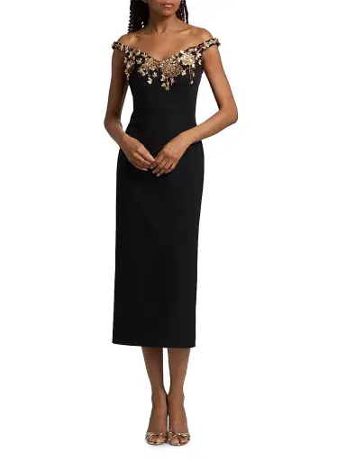 PAMELLA ROLAND Women's Floral-Embellished Crepe Cocktail Dress - Black Gold - Size 12 | Thumbnail 2 PAMELLA ROLAND Women's Floral-Embellished Crepe Cocktail Dress - Black Gold - Size 12 | Thumbnail 2