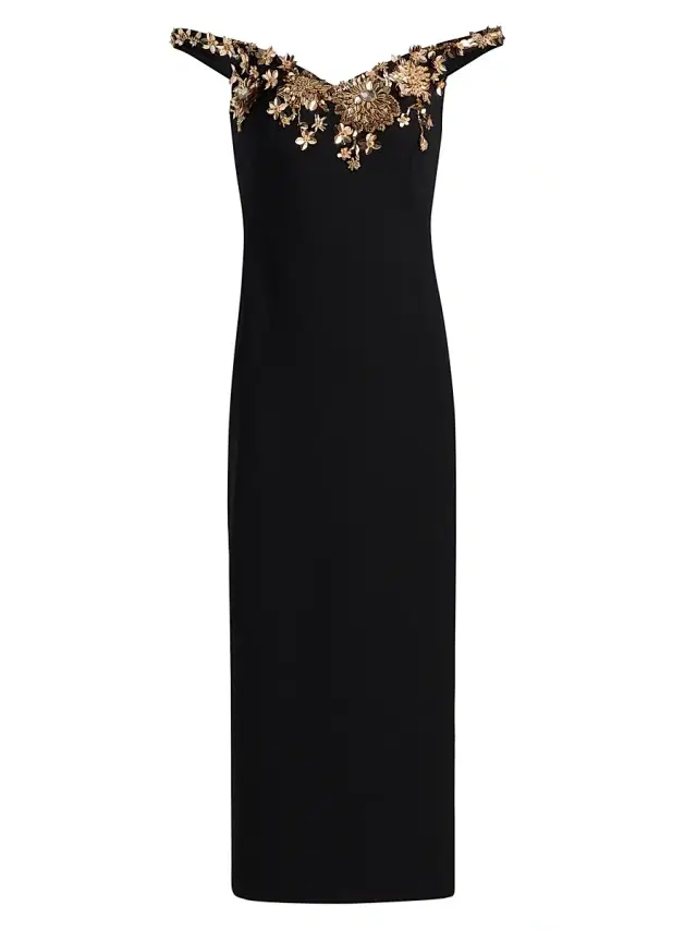 Women's Floral-Embellished Crepe Cocktail Dress - Black Gold