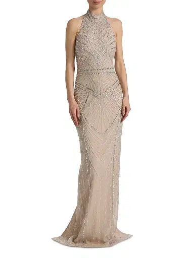PAMELLA ROLAND Women's Embellished Tulle Halter Column Gown - Silver - Size 8 | Thumbnail 3 PAMELLA ROLAND Women's Embellished Tulle Halter Column Gown - Silver - Size 8 | Thumbnail 3
