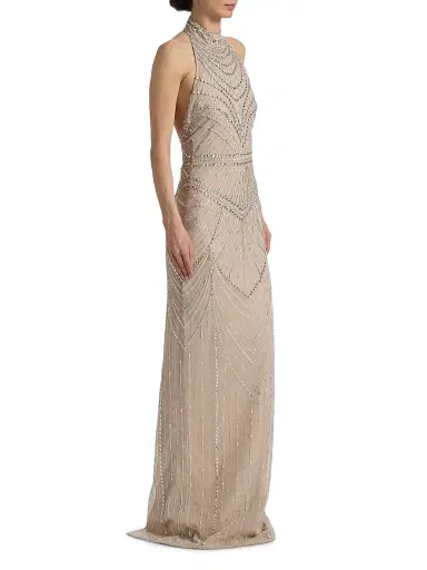 PAMELLA ROLAND Women's Embellished Tulle Halter Column Gown - Silver - Size 8 | Thumbnail 4 PAMELLA ROLAND Women's Embellished Tulle Halter Column Gown - Silver - Size 8 | Thumbnail 4