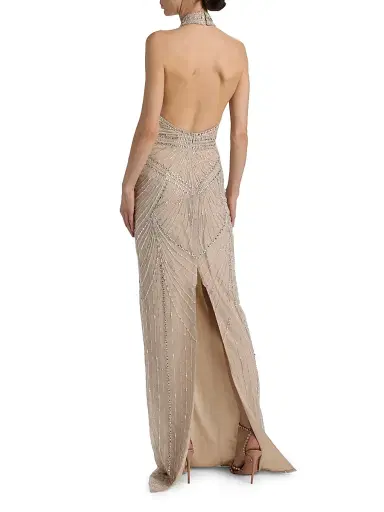 PAMELLA ROLAND Women's Embellished Tulle Halter Column Gown - Silver - Size 8 | Thumbnail 5 PAMELLA ROLAND Women's Embellished Tulle Halter Column Gown - Silver - Size 8 | Thumbnail 5