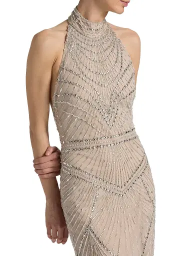 PAMELLA ROLAND Women's Embellished Tulle Halter Column Gown - Silver - Size 8 | Thumbnail 6 PAMELLA ROLAND Women's Embellished Tulle Halter Column Gown - Silver - Size 8 | Thumbnail 6