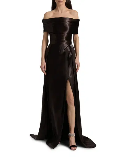 Pamella Roland Women's Liquid Organza Off-The-Shoulder Gown - Chocolate | Thumbnail 2