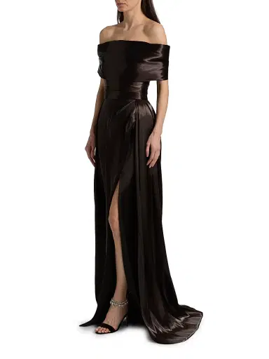 Pamella Roland Women's Liquid Organza Off-The-Shoulder Gown - Chocolate | Thumbnail 4