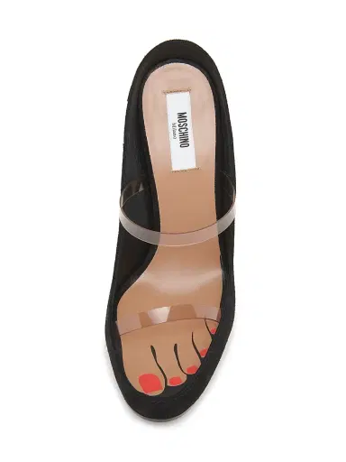 MOSCHINO Women's 70MM Suede Block Heel Mules - Beige Black - Size 11 | Thumbnail 4