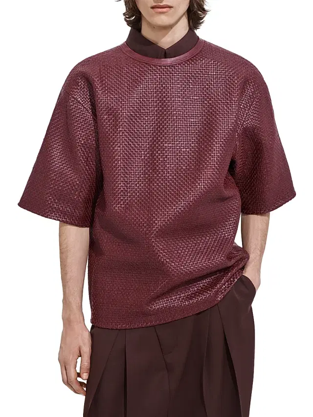 Bottega Veneta Men's Intrecciato Leather Oversized T-Shirt - Barolo
