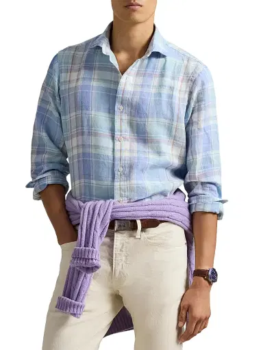 Polo Ralph Lauren Men's Slubby Linen Plaid Shirt - Blue Orange Multi | Thumbnail 3