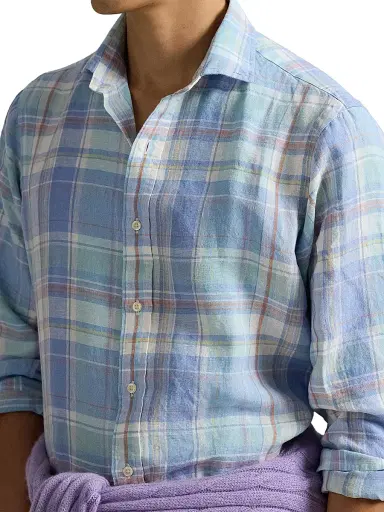 Polo Ralph Lauren Men's Slubby Linen Plaid Shirt - Blue Orange Multi | Thumbnail 5