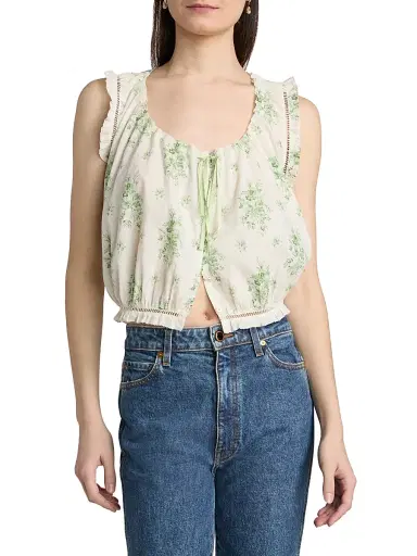 DÔEN Women's Traveler Botanical Ruffle Crop Top - Green Petit Bouquet Dechamon | Thumbnail 3 DÔEN Women's Traveler Botanical Ruffle Crop Top - Green Petit Bouquet Dechamon | Thumbnail 3