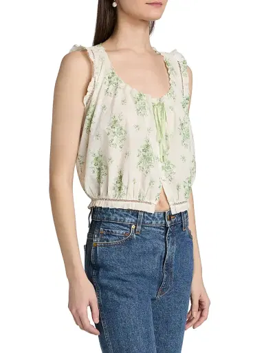 DÔEN Women's Traveler Botanical Ruffle Crop Top - Green Petit Bouquet Dechamon | Thumbnail 4 DÔEN Women's Traveler Botanical Ruffle Crop Top - Green Petit Bouquet Dechamon | Thumbnail 4