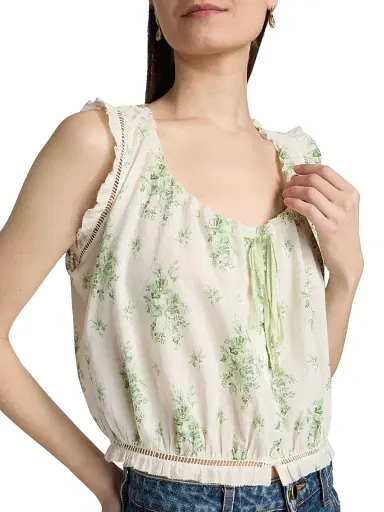 DÔEN Women's Traveler Botanical Ruffle Crop Top - Green Petit Bouquet Dechamon | Thumbnail 6 DÔEN Women's Traveler Botanical Ruffle Crop Top - Green Petit Bouquet Dechamon | Thumbnail 6