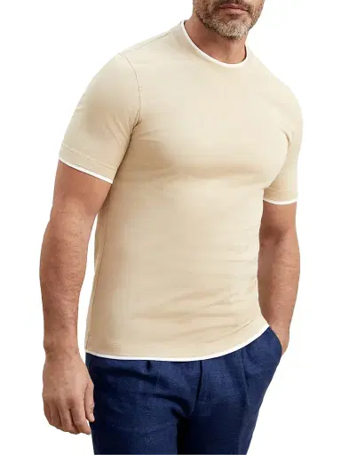 Brunello Cucinelli Men's Cotton Jersey Round Neck Slim Fit T-Shirt With Faux-Layering - Beige - Size XXL | Thumbnail 2
