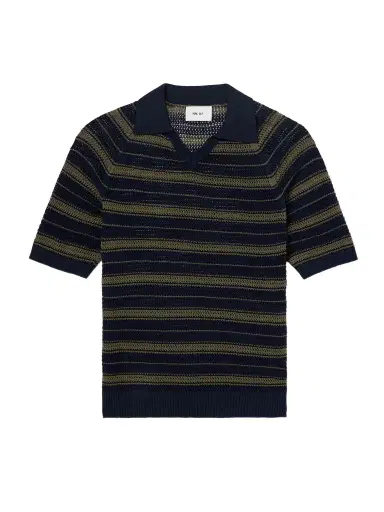 NN07 Cale 60056 Striped Pointelle-Knit Linen and Cotton-Blend Polo Shirt - Men | Thumbnail 1 NN07 Cale 60056 Striped Pointelle-Knit Linen and Cotton-Blend Polo Shirt - Men | Thumbnail 1