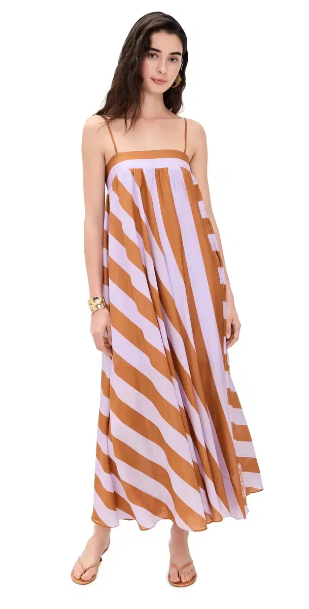 Zimmermann Indra Stripe Silk Maxi Dress Lilac Tan