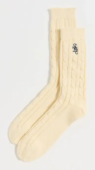 Sporty & Rich Cable Knit Socks Almond Navy One Size | Thumbnail 2