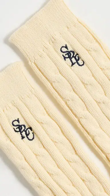 Sporty & Rich Cable Knit Socks Almond Navy One Size | Thumbnail 3